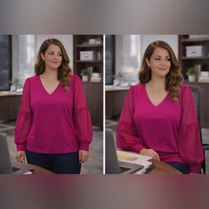 Melanie Lyne Magenta Fuchsia Blouse Puff Sheer Sleeves Opaque Body V Neck Size M